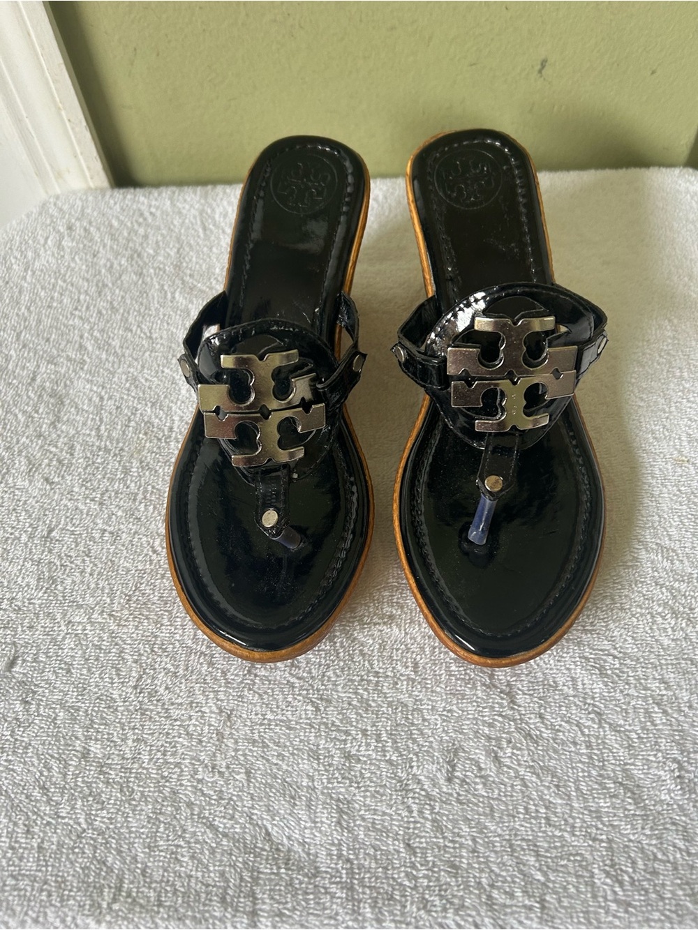 Tory Burch Black Patent w/Silver Logo Thong Wedge Sandals